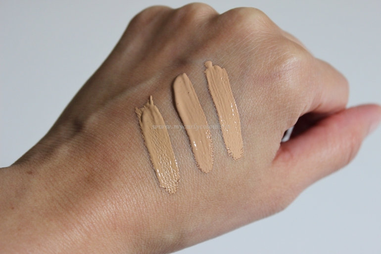 Confronto swatch correttori liquidi - da sx a dx Infaillible More Than Concealer 329 - The Perfectionist Concealer 05 Warm Beige - Boiing Cakeless Concealer Benefit 6