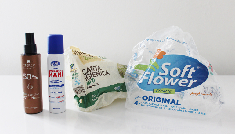 Mix finiti corpo - Crema solare SPF 50 Eterea, Igienizzante e carta igienica