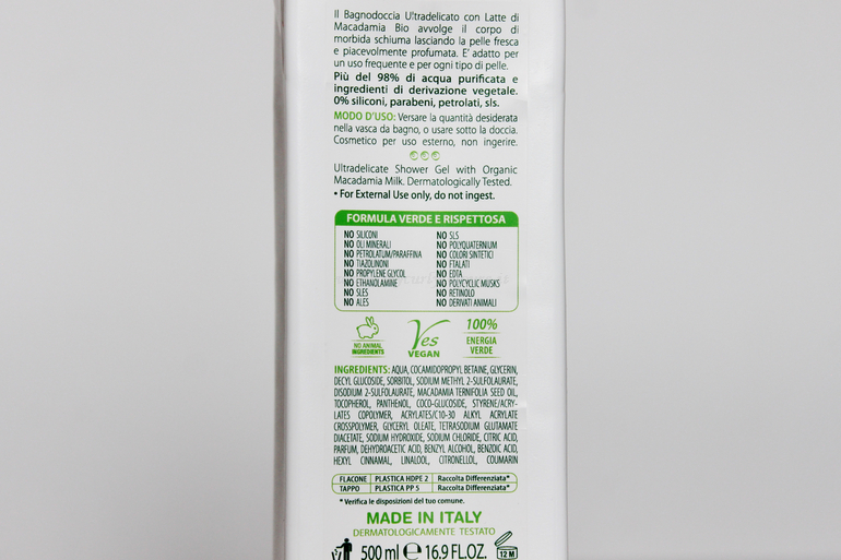 INCI e specifiche Bagnodoccia Biolis Nature Latte di Macadamia