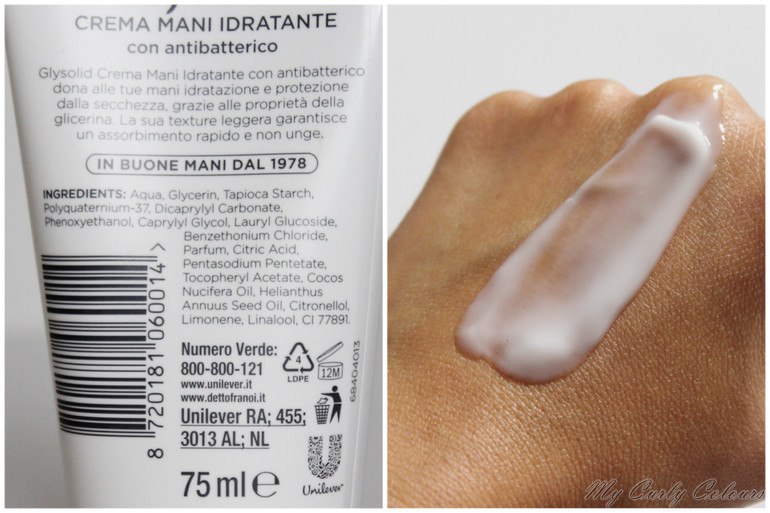 INCI e texture Crema mani idratante Glysolid con antibatterico 