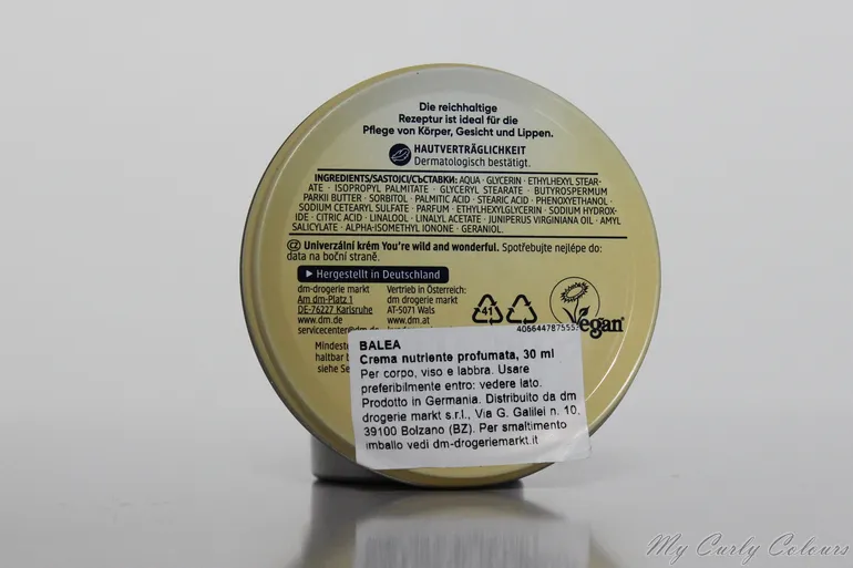 Ingredienti e specifiche Crema nutriente corpo, viso e labbra Balea DM Ingredienti e specifiche Crema nutriente corpo, viso e labbra Balea DM